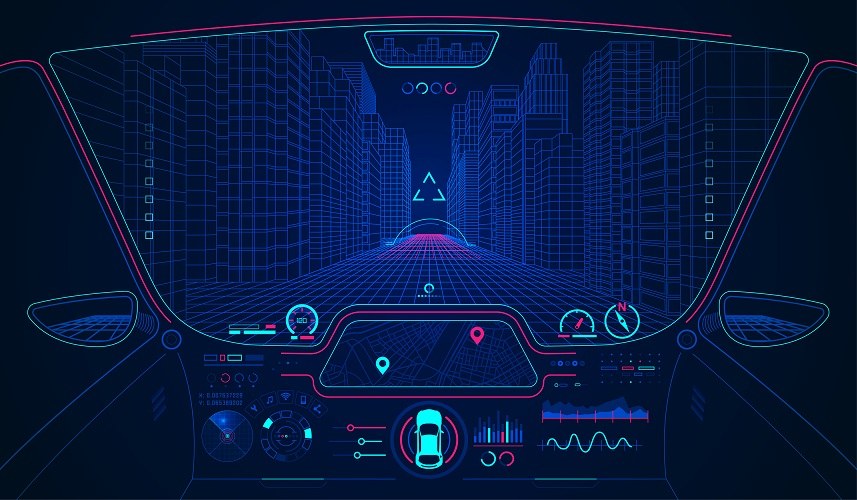 digitalt simulerad bild av bilens instrumentbräda och framrutan