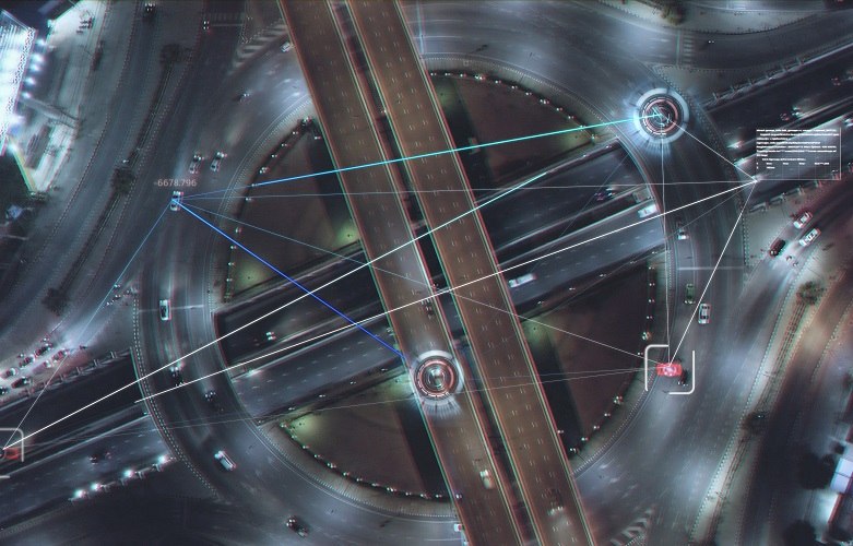 Flygfoto vägtrafik med teknik HUD Multi path Visual tracker mål, anslutningsteknik